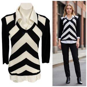 INC Sweater 2fer Top Womens Size Medium Shirt Black White Work Office Casual